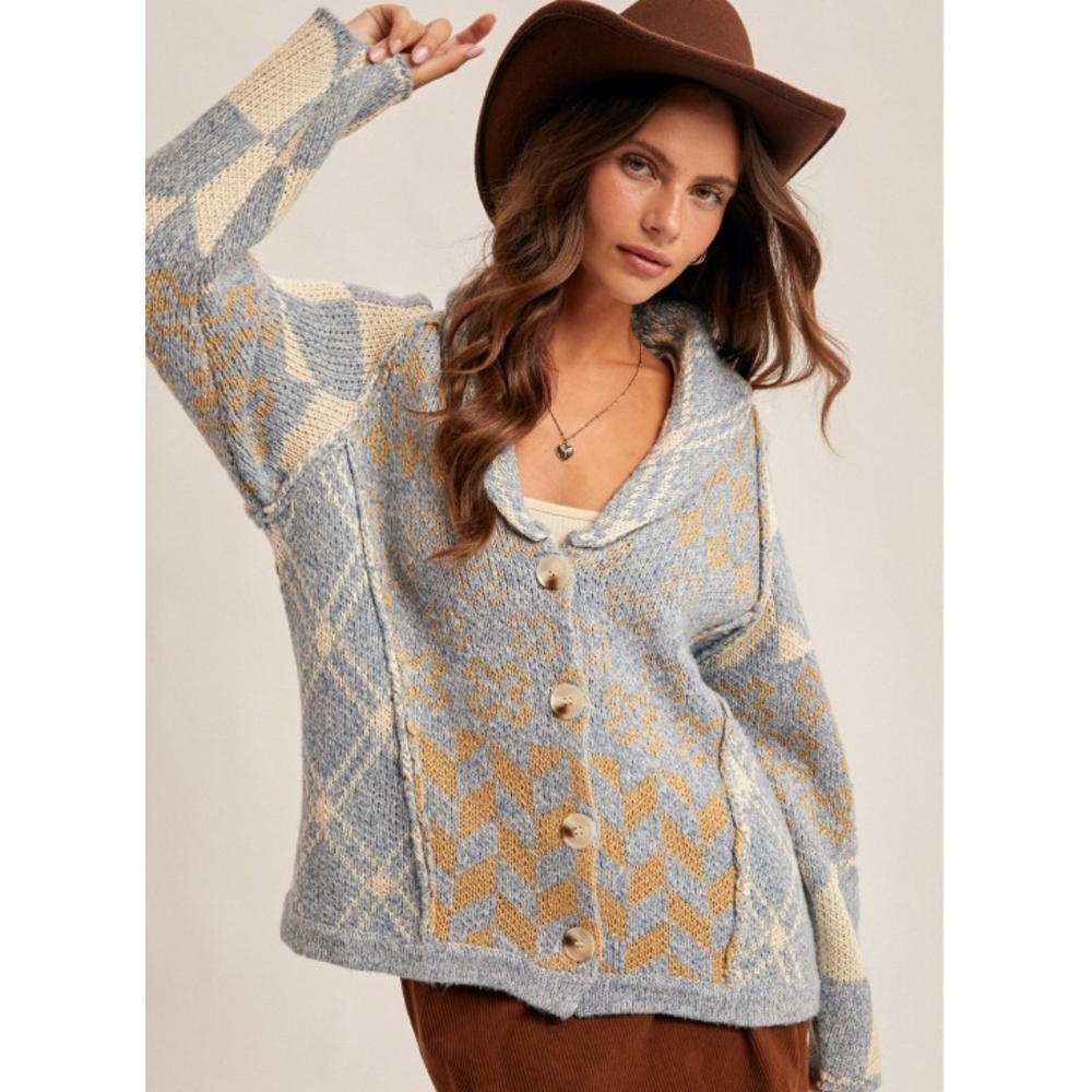 Hem & Thread Speckled Yarn Contrast Edge Stitched Cardigan in blue